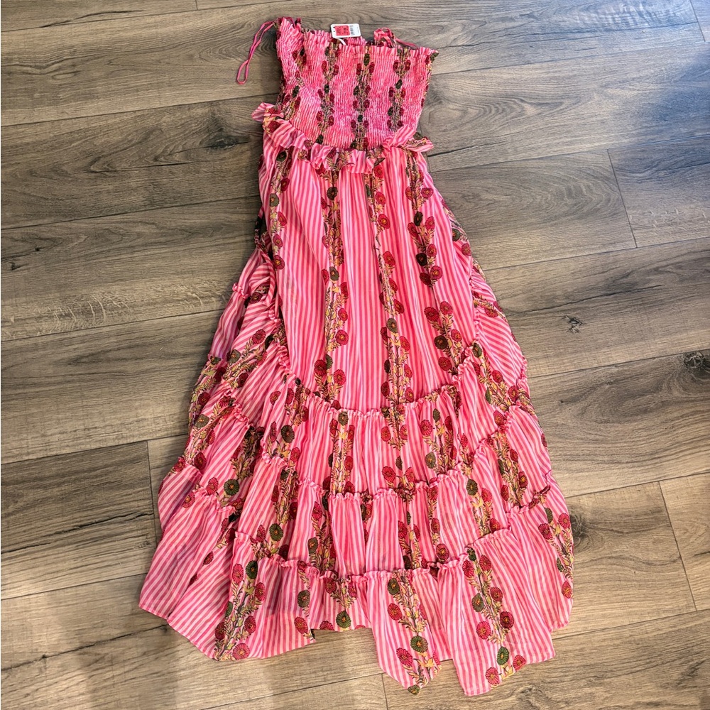 Free People Pink Floral Stripe Smocked Maxi Dress